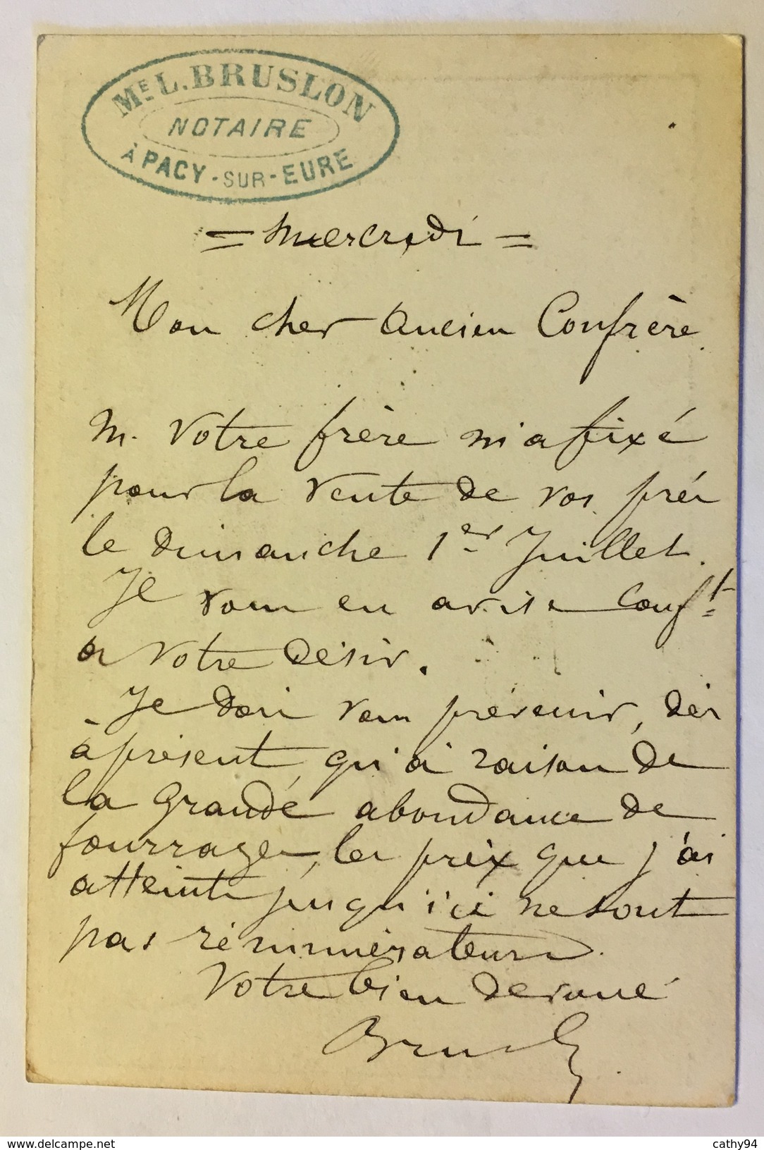 CARTE PRÉCURSEUR POUR BRETEUIL Avec CACHET MAITRE L. BRUSLON NOTAIRE 1877 - Vorläufer