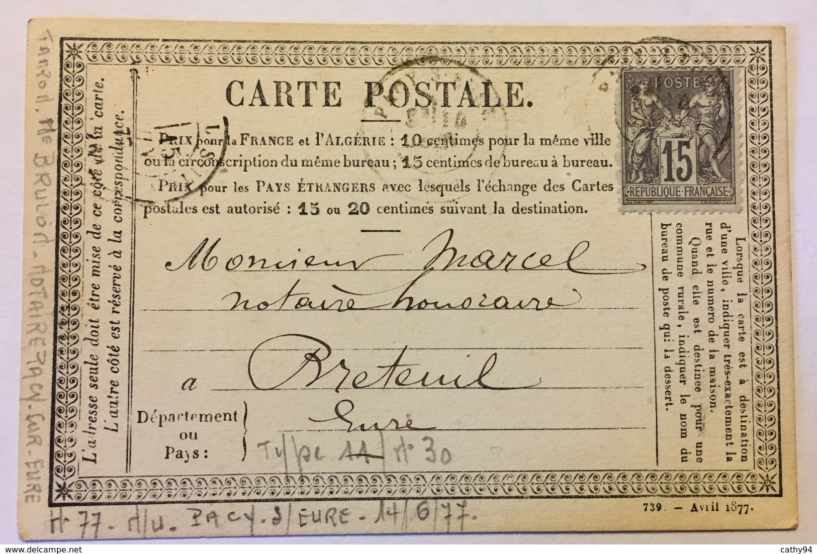 CARTE PRÉCURSEUR POUR BRETEUIL Avec CACHET MAITRE L. BRUSLON NOTAIRE 1877 - Precursor Cards