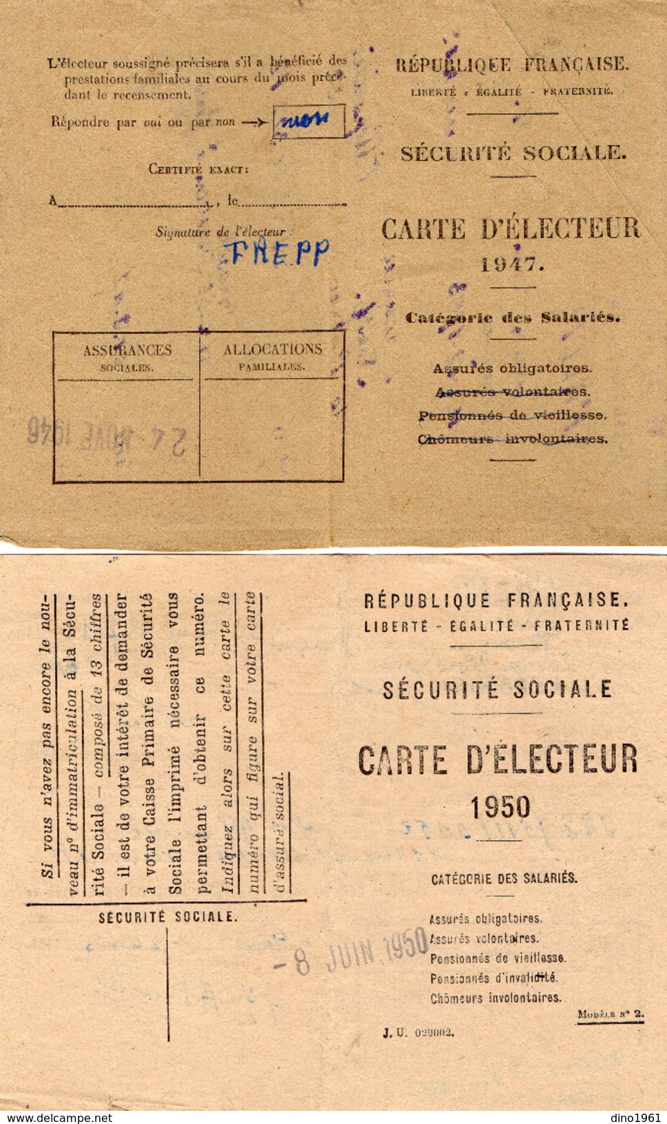 VP6033 - Ville De PARIS - Carte D'Electeur Sécurité Sociale  X2 Mr FREPP Bronzeur à VILLEPARISIS - Autres & Non Classés