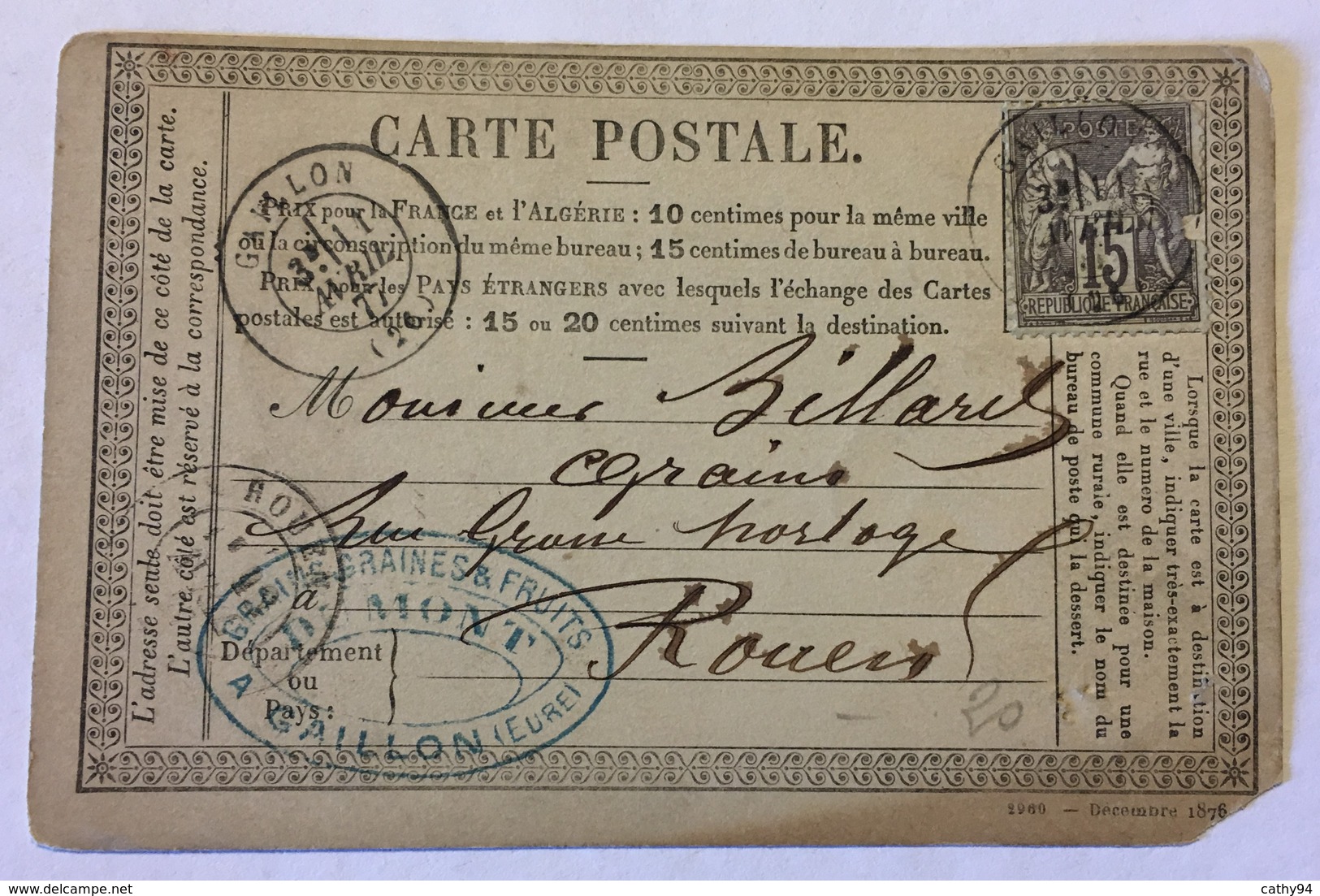 CARTE PRÉCURSEUR Pour ROUEN Avec CACHET GRAINS GRAINES ET FRUITS DU MONT Affranchissement Type Sage 1877 - Precursor Cards