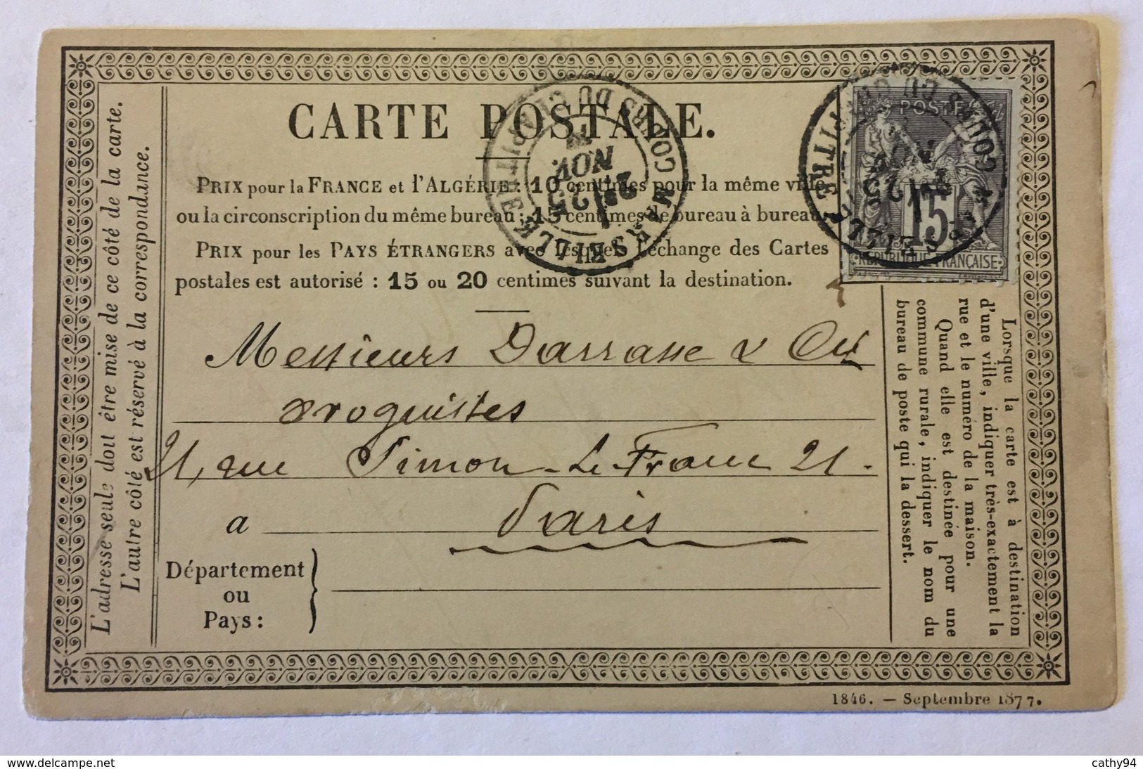 CARTE PRÉCURSEUR Avec CACHET PHARMACIE CENTRALE VILLEVIEILLE Affranchissement Type Sage 1877 - Vorläufer