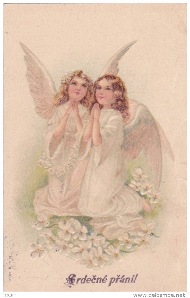 TWO ANGELS_1906 Litho Postcard_Embosed - Angels