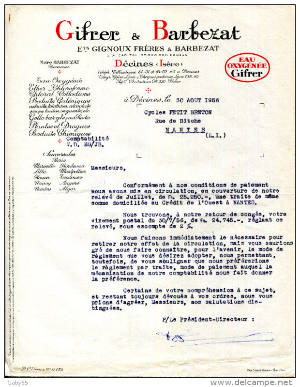 38.ISERE.DECINES.EAU OXYGENÉE.ETHER.CHLOROFORME....Etc.GIFRER & BARBEZAT. - Autres & Non Classés