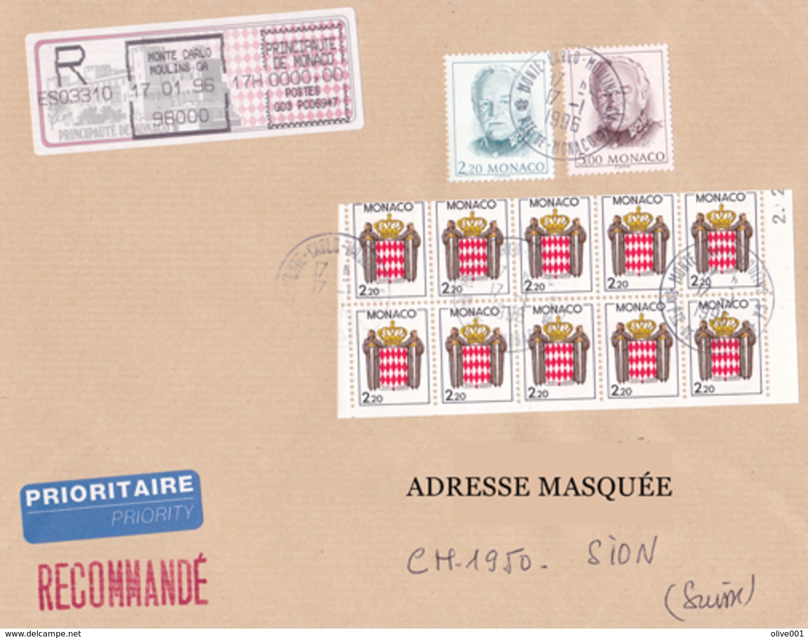 Lettre Recommandée Prioritaire Voyagée De Monte-Carlo Pour La Suisse Le 17/01/1996 Tp  Effigie De S.A.S. Rainier III. Ty - Briefe U. Dokumente