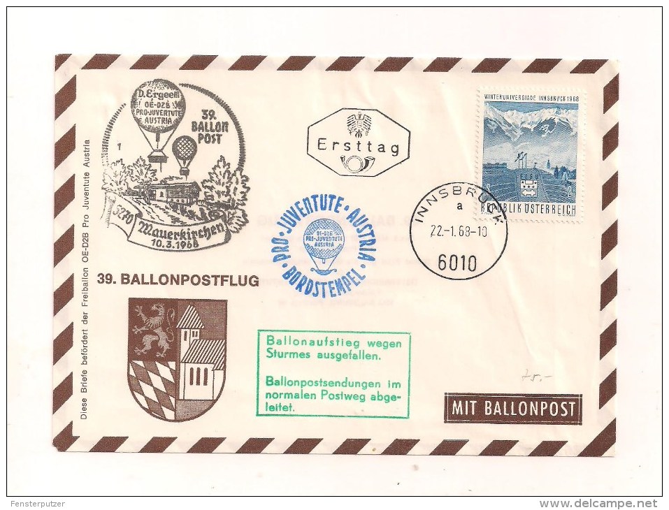 39. Ballonpostflug - 22.1.1968 - Als Ersttag - Ballonpost