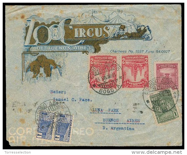 COLOMBIA. 1944. Bogota - Argentina. Multicolor Zoo - Circus De Buenos Ayres Ilustrated Fkd Env. VF.. Carta, Cover, Le... - Colombia