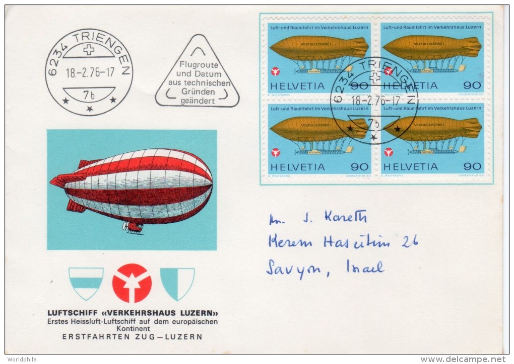 Switzerland / Suisse / Schwiez-1976 FFC / Cacheted Erstflugbrief Block Of 4 Airship Stamps Like "zeppelin"-2 - First Flight Covers