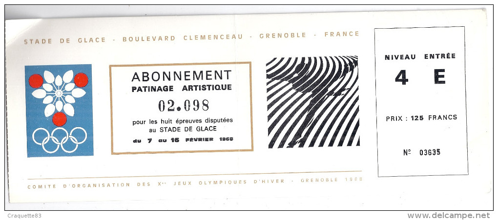 JEUX OLYMPIQUES 1968- GRENOBLE-STADE DE GLACE-ABONNEMENT PATINAGE ARTISTIQUE 02.098 POUR LES HUIT EPREUVES - Eintrittskarten