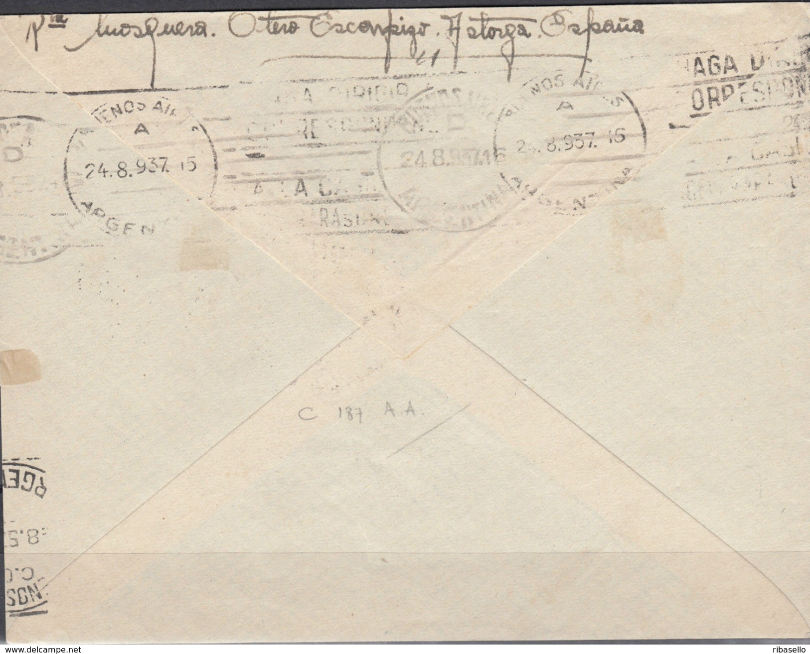 España 1937. Carta De Astorga A Buenos Aires. Censura. - Marcas De Censura Nacional