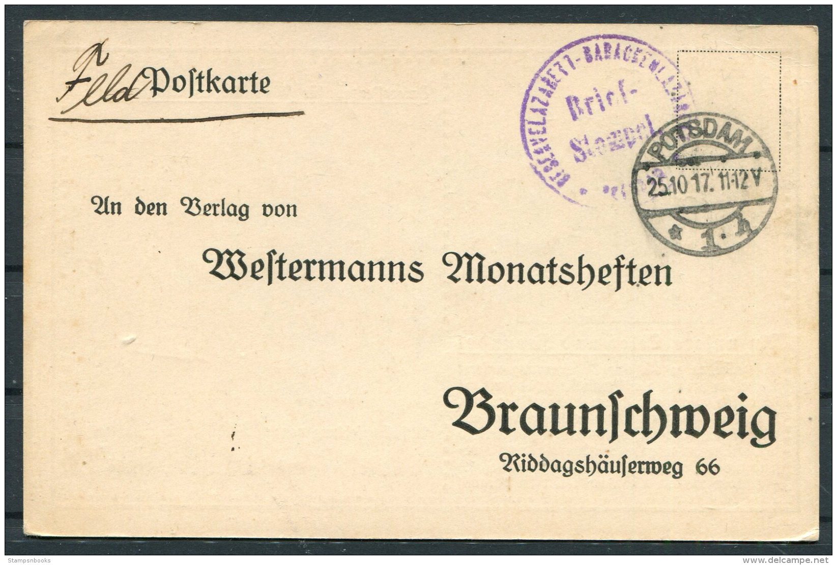 1917 Germany Potsdam Feldpostkarte - Westermanns Monatsheften, Braunschweig Advertising Postcard - Covers & Documents