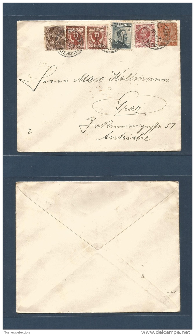 ITALIAN Levant. 1908 (16 May) Smyrne - Austria, Graz. Multifkd Diff Issues Envelope At 40c Rate.. Carta, Cover, Lette... - Emissions Générales