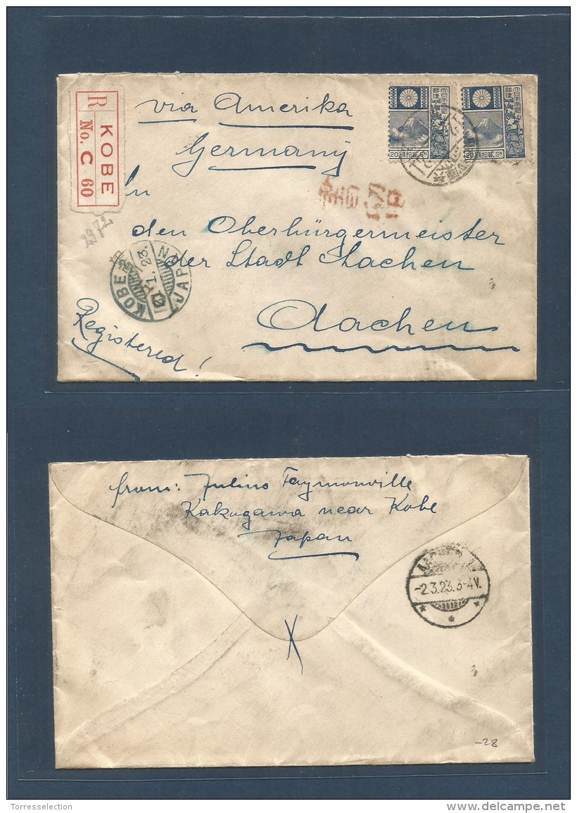 JAPAN. 1923 (2 January) Kakugawa - Germany, Aachen (2 March) Via Kobe - America. Registered Fkd Envelope + R-label + ... - Altri & Non Classificati