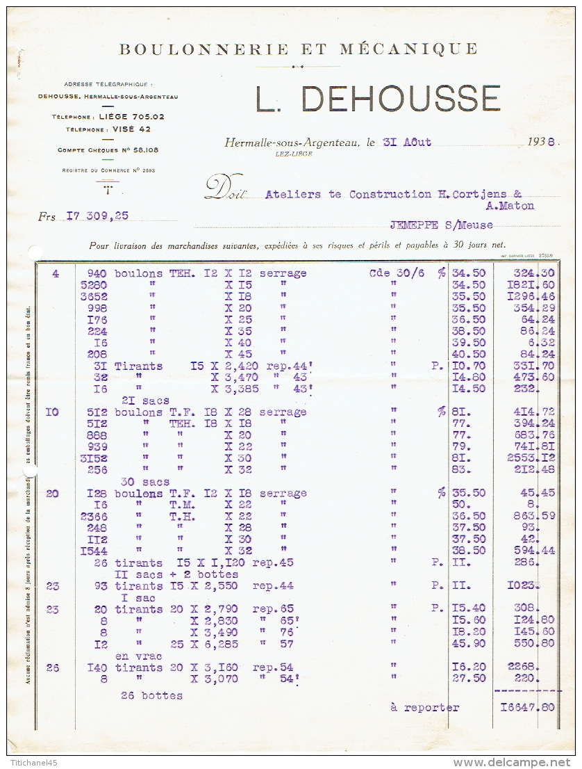 Facture De 1938 HERMALLE-SOUS-ARGENTEAU - L. DEHOUSSE - Boulonnerie Et Mécanique - Sonstige & Ohne Zuordnung