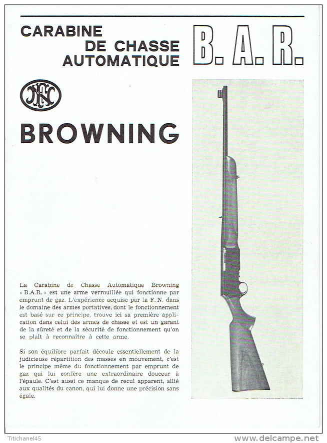 Brochure FABRIQUE NATIONALE D'ARMES DE GUERRE HERSTAL -  Carabine De Chasse Automatique BROWNING "B.A.R." - Reclame