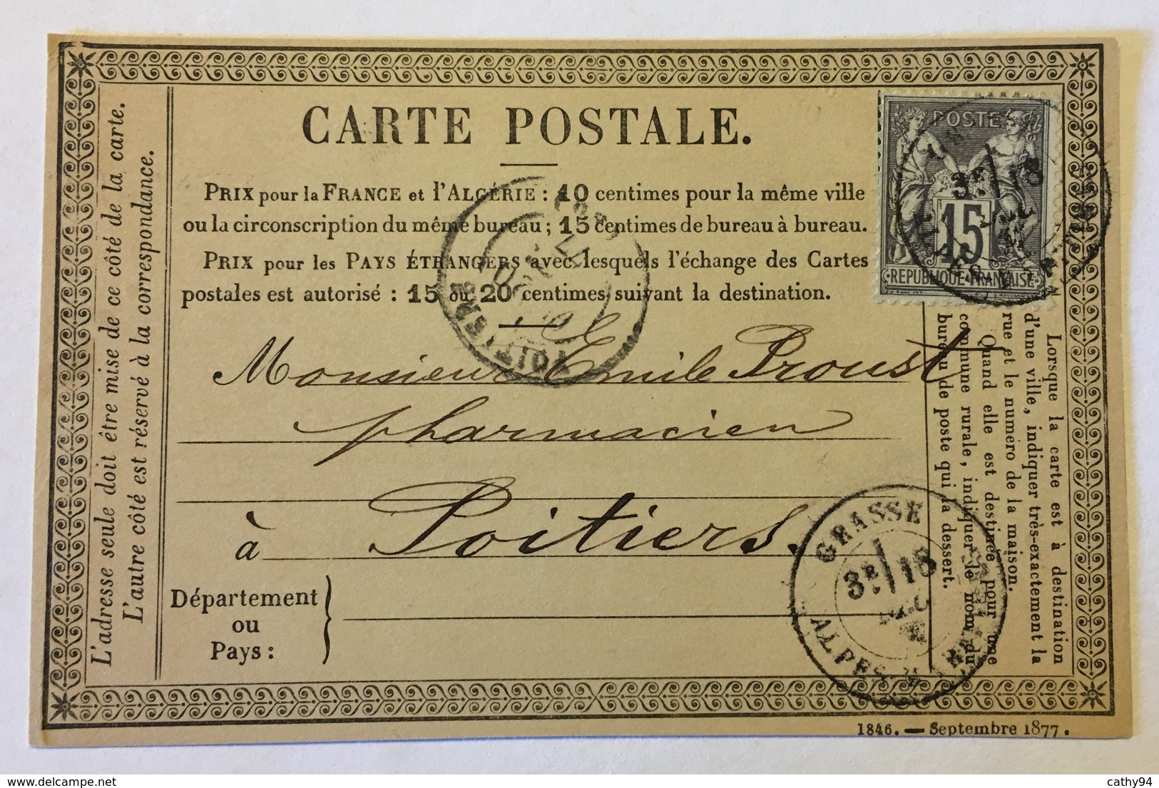 CARTE PRÉCURSEUR De GRASSE Pour POITIERS Affranchissement Type Sage Décembre 1877 - Precursor Cards