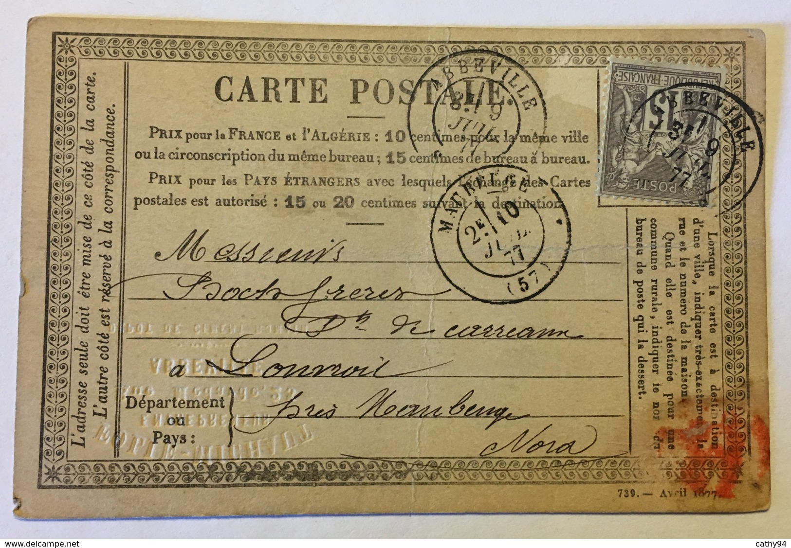 CARTE PRÉCURSEUR De ABBEVILLE Pour LOUVROIL Avec EMPREINTE SECHE Affranchissement Type Sage 1877 - Precursor Cards