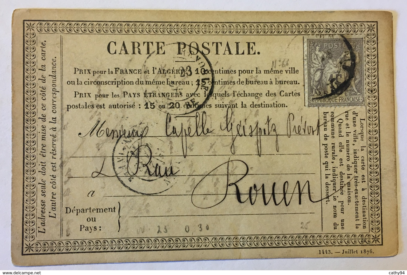 CARTE PRÉCURSEUR De GRENOBLE Pour ROUEN Avec ÉTIQUETTE VALLET & THONNIN TOILES Affranchissement Type Sage 1877 - Precursor Cards