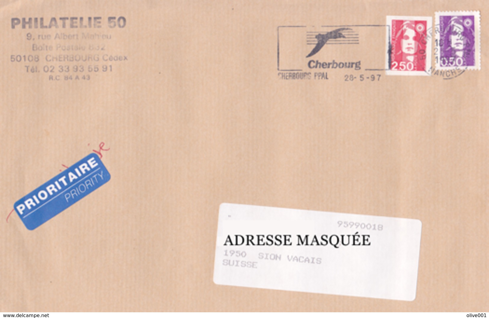 Lettre Prioritaire Voyagée De Cherbourg Pour La Suisse Le 28/05/1997 Tp Type Marianne Du Bicentenaire. Provenant De Carn - Covers & Documents