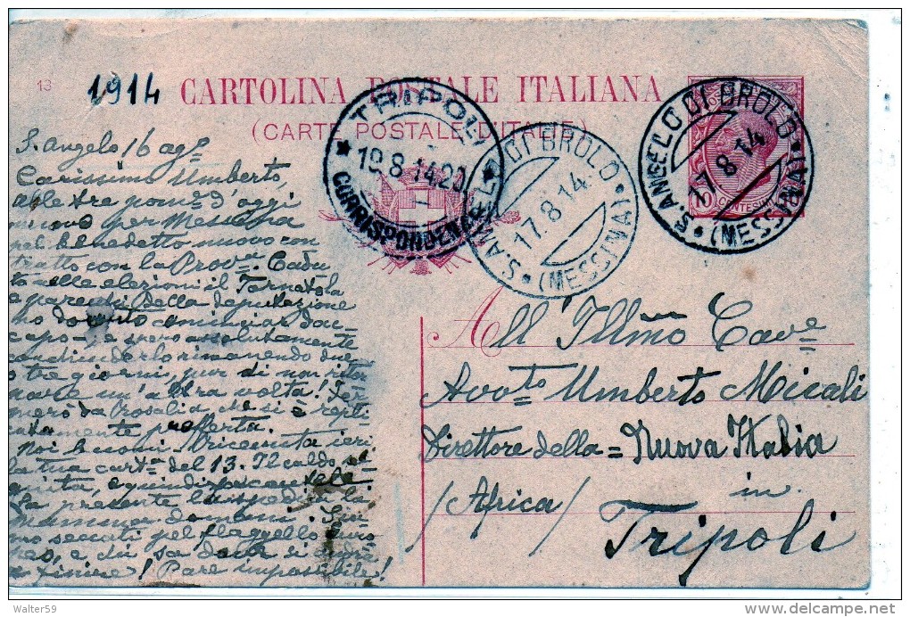 1914 Italia Italy Italien Intero Leoni C10 Vg S. Angelo Di Brolo X Tripoli LIBIA Libya Ganzsache Stationery Card - Interi Postali