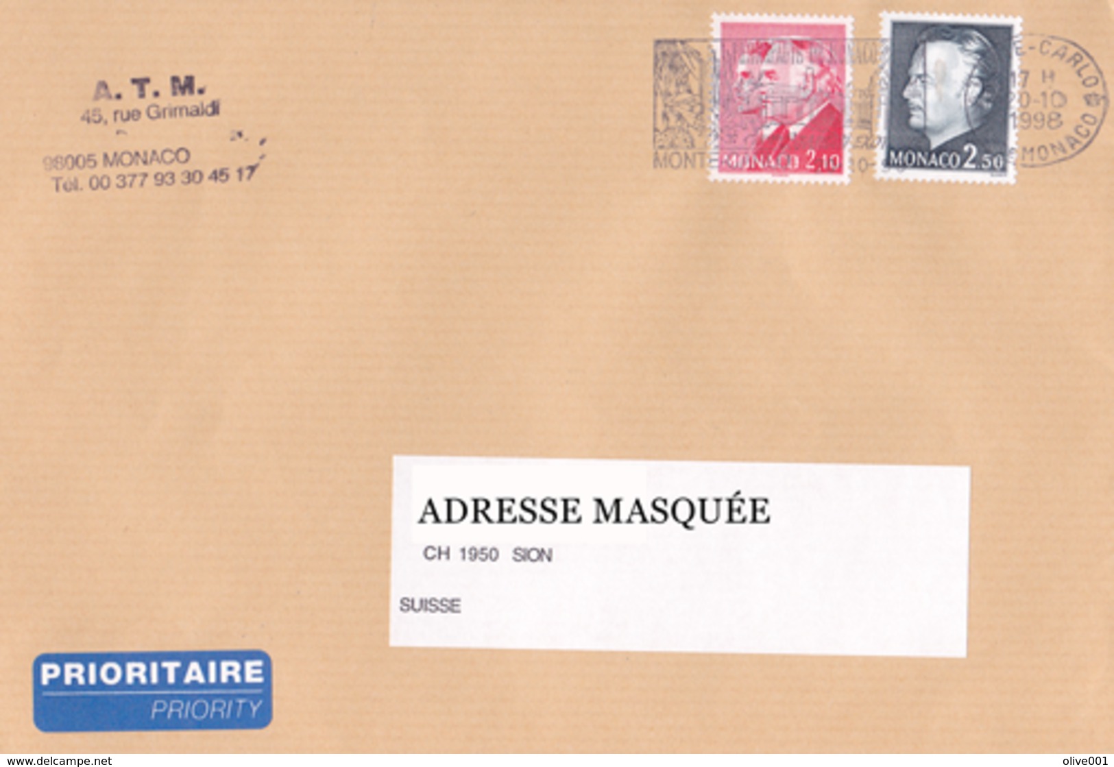 Lettre Prioritaire Voyagée De Monte Carlo Pour La Suisse Le 20/10/1998 Tp De Monaco Série Courante. Effigie Du Prince. T - Lettres & Documents