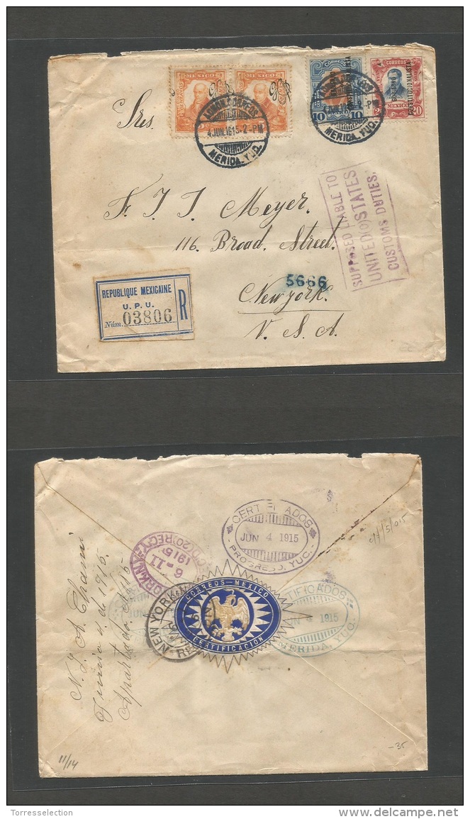 Mexico - XX. 1915 (4 June) Merida, Yucatan - USA, NYC (11 June) Registered Multifkd Envelope With 2 Diff Provisional ... - Mexico