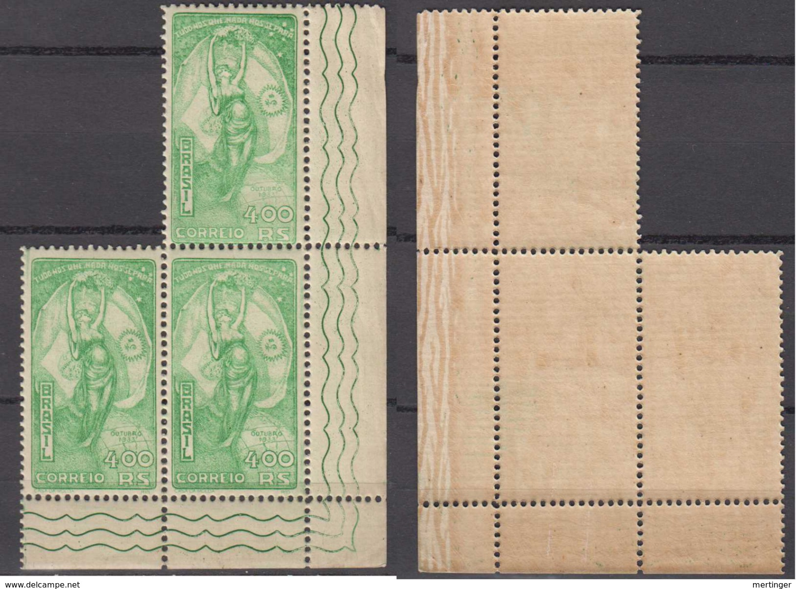 Brazil Brasil Mi# 393 ** MNH Corner Block Of 3 400R JUSTO 1933 - Nuevos