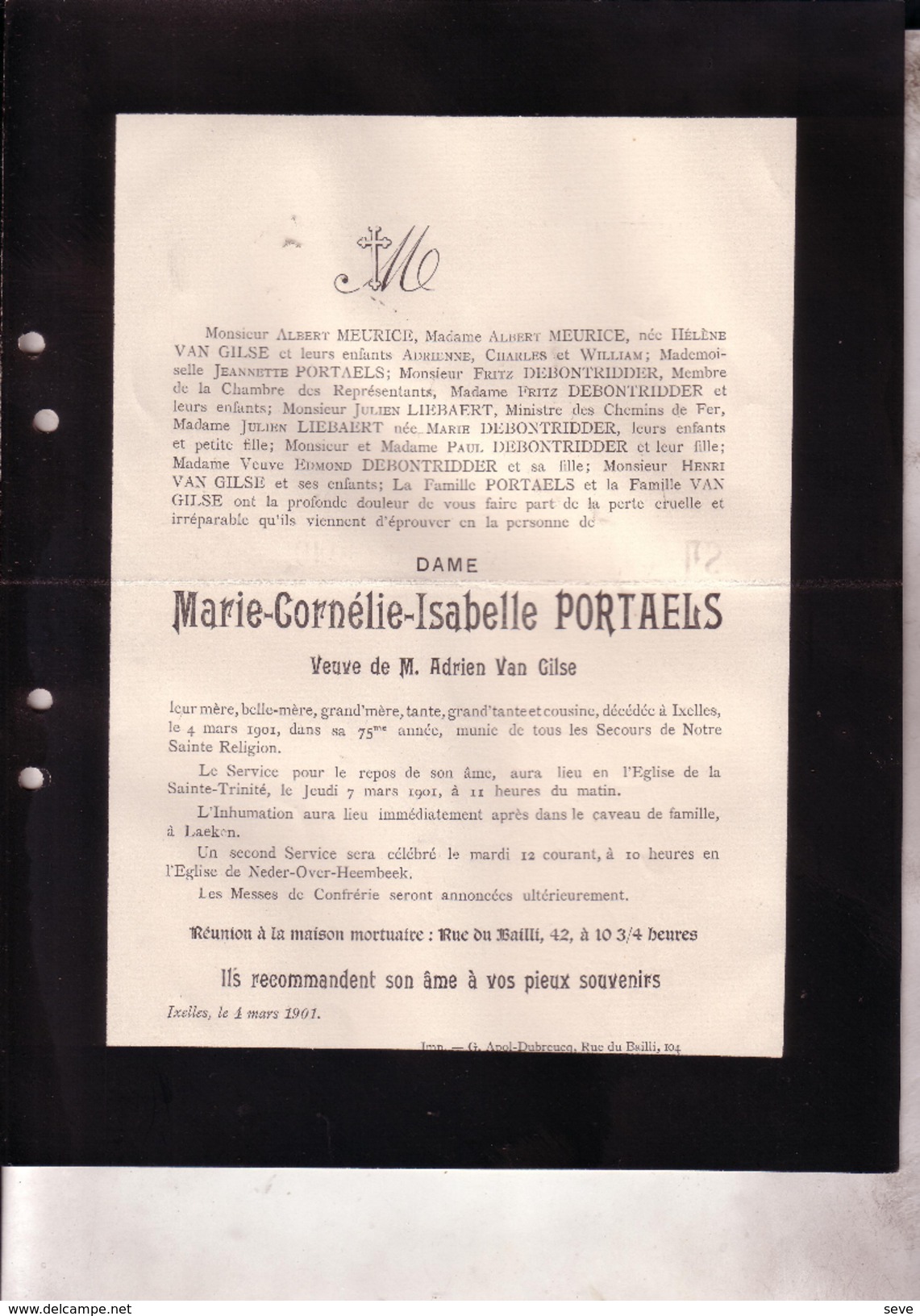 IXELLES LAEKEN Marie-Cornélie PORTAELS Veuve Adrien VAN GILSE 75 Ans 1901 Familles DEBONTRIDDER LIEBAERT - Obituary Notices