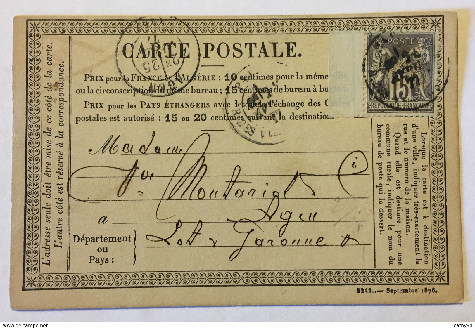 CARTE PRÉCURSEUR De PARIS Pour AGEN Avec CACHET SELCKINGHAUS & CIE 1877 - Precursor Cards