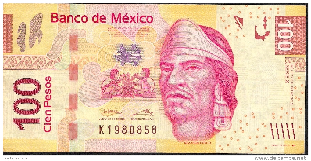 MEXICO  P124h  100 PESOS 19.12.2012    Serie X        VF NO P.h. ! - Mexique