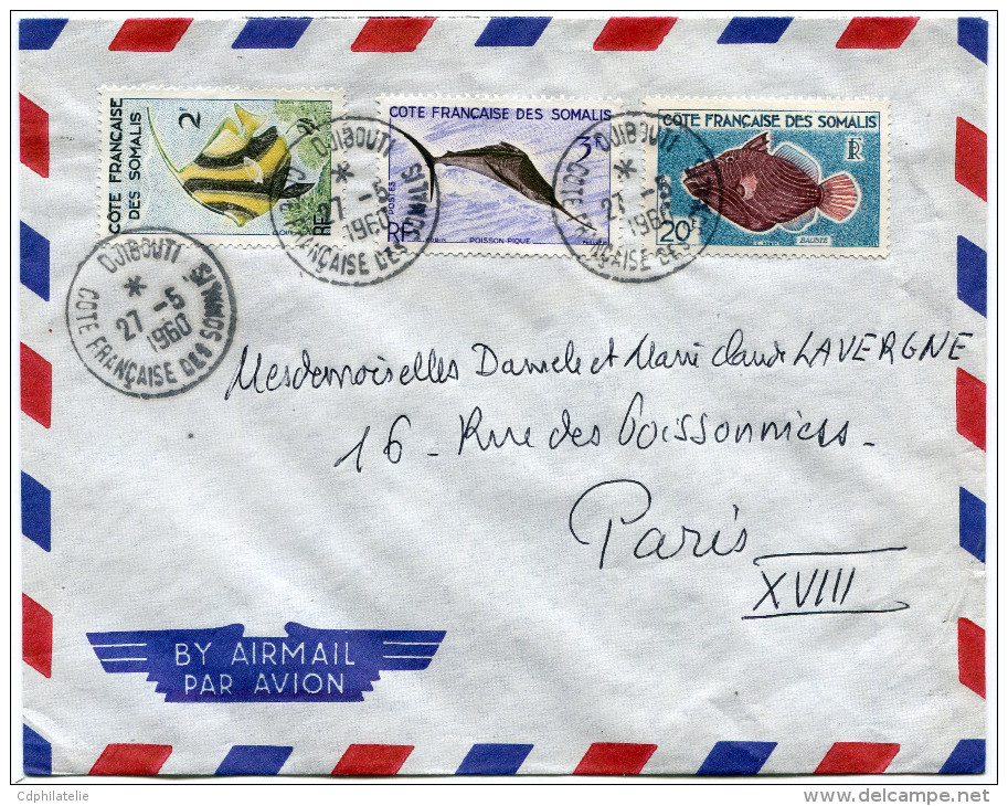 COTE FRANCAISE DES SOMALIS LETTRE PAR AVION DEPART DJIBOUTI 27-5-1960 POUR LA FRANCE - Lettres & Documents