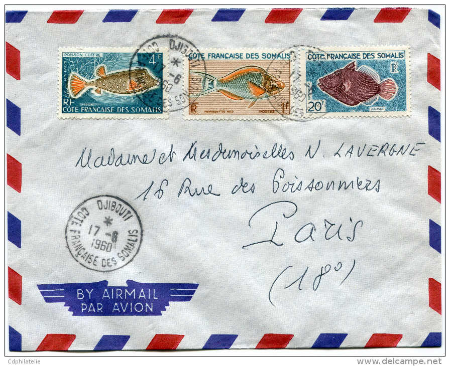 COTE FRANCAISE DES SOMALIS LETTRE PAR AVION DEPART DJIBOUTI 17-6-1960 POUR LA FRANCE - Lettres & Documents