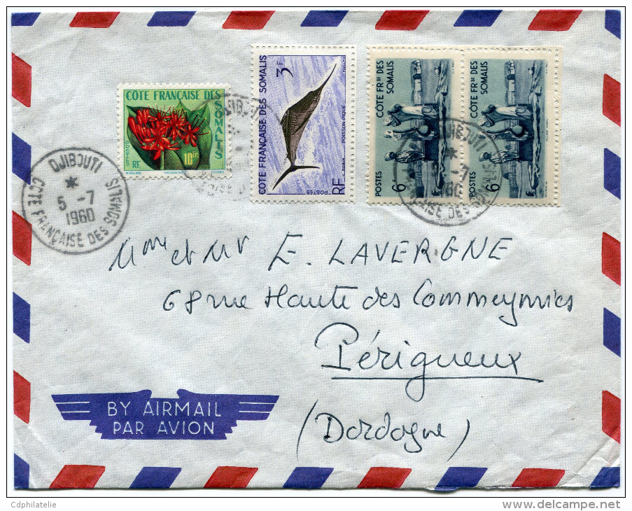 COTE FRANCAISE DES SOMALIS LETTRE PAR AVION DEPART DJIBOUTI 5-7-1960 POUR LA FRANCE - Lettres & Documents