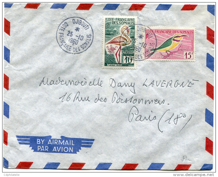 COTE FRANCAISE DES SOMALIS LETTRE PAR AVION DEPART DJIBOUTI 25-10-1960 POUR LA FRANCE - Lettres & Documents