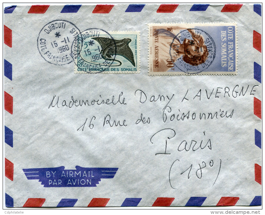 COTE FRANCAISE DES SOMALIS LETTRE PAR AVION DEPART DJIBOUTI 15-11-1960 POUR LA FRANCE - Storia Postale