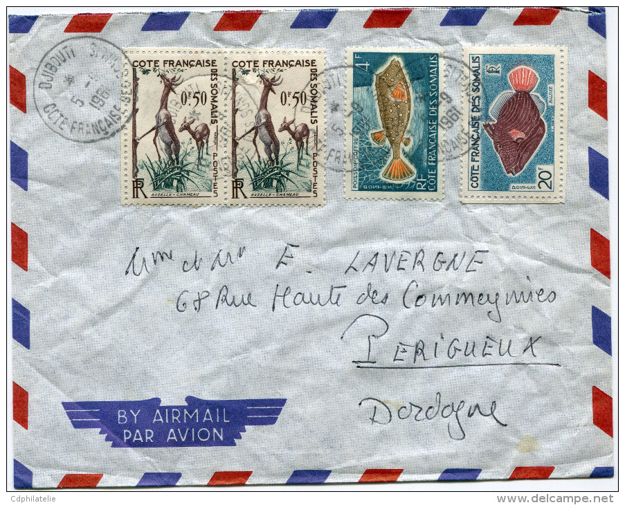 COTE FRANCAISE DES SOMALIS LETTRE PAR AVION DEPART DJIBOUTI 5-9-1961 POUR LA FRANCE - Lettres & Documents