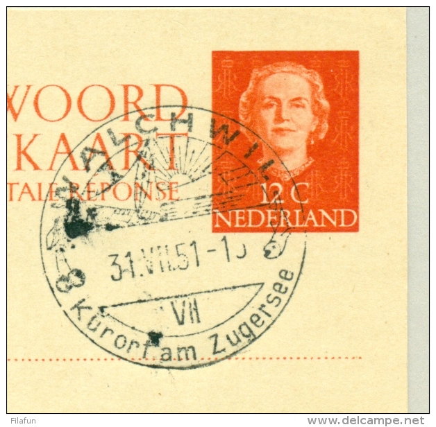 Nederland - 1950 - Briefkaart G305a, 12+12 Cent En Face, Alleen Antwoordkaart - Stempel Wachwill / Schweiz - Entiers Postaux