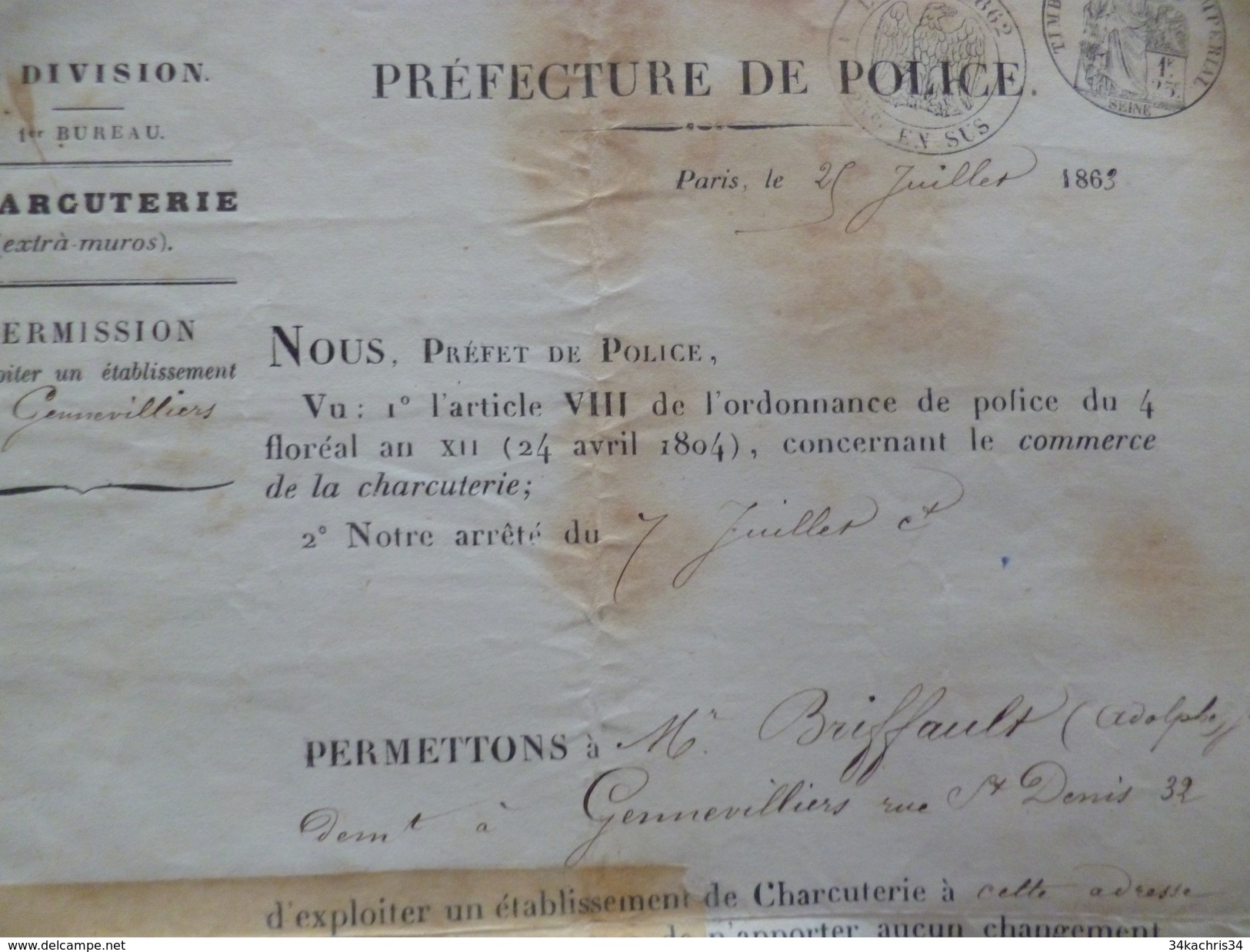 Patente De Charcuterie 1865 Gennevilliers 32 Rue Saint Denis - Alimentaire