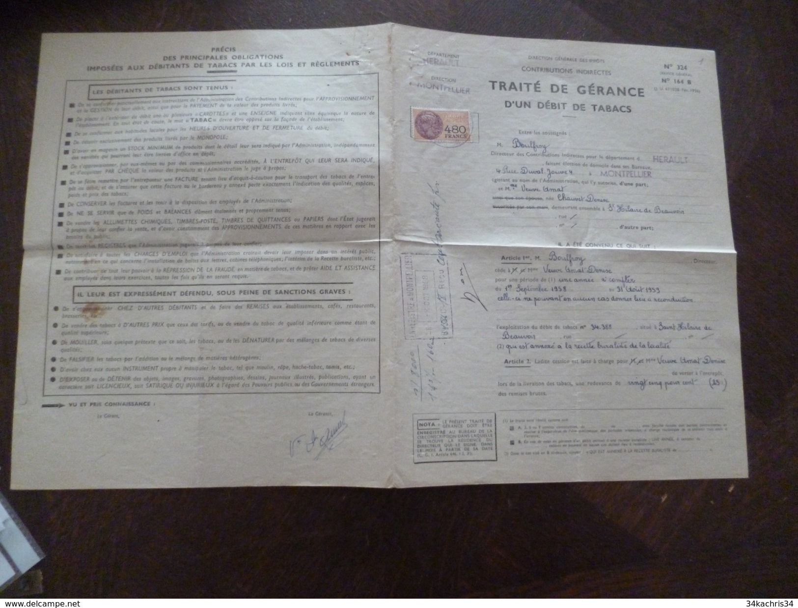 Traité De Gérance D'un Débit De Tabac Montpellier 1958 1 TP Fiscal 480francs - 1950 - ...