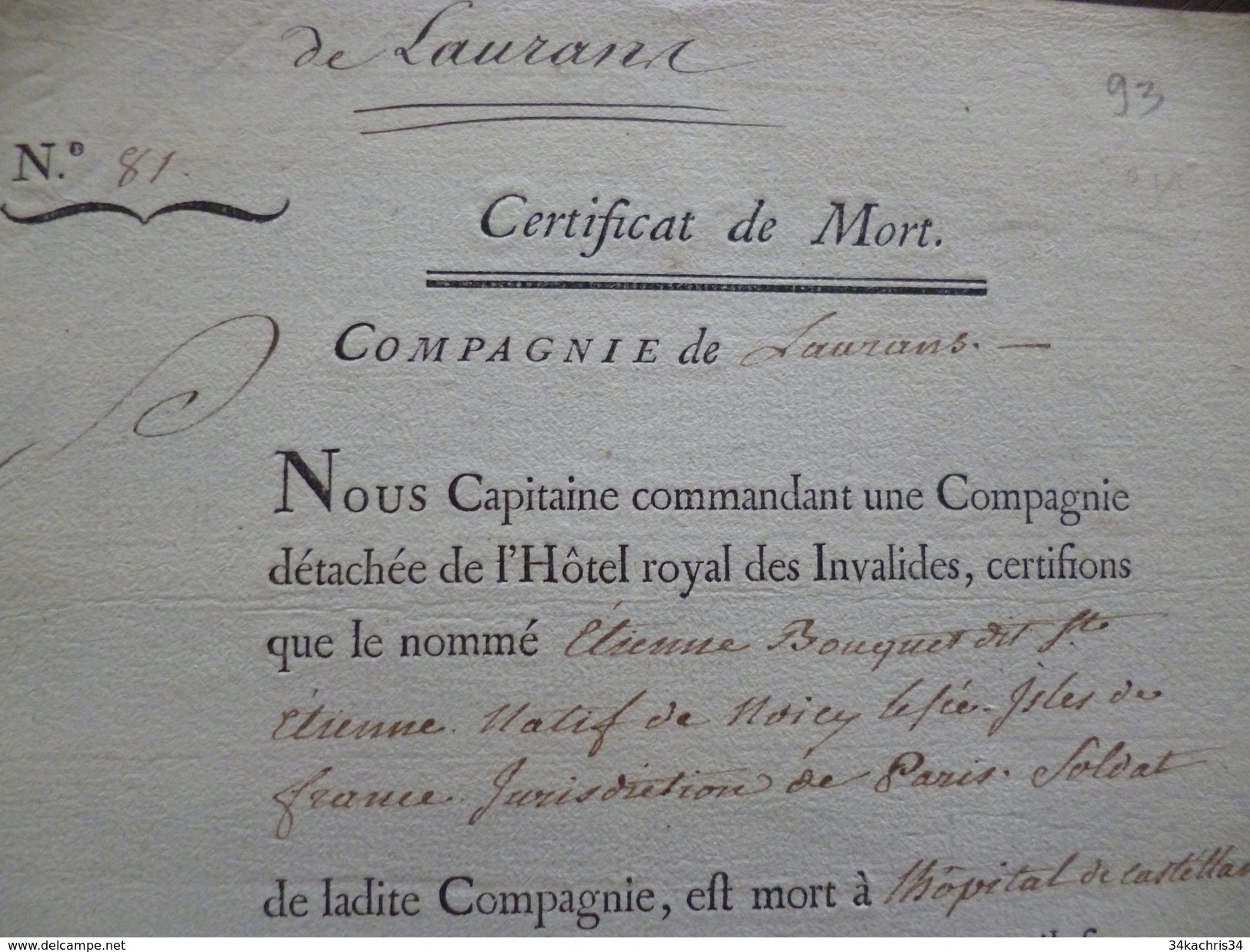 Militaria Certificat De Mort Castellane 30/12/1768 Cie De Laurans - Documentos