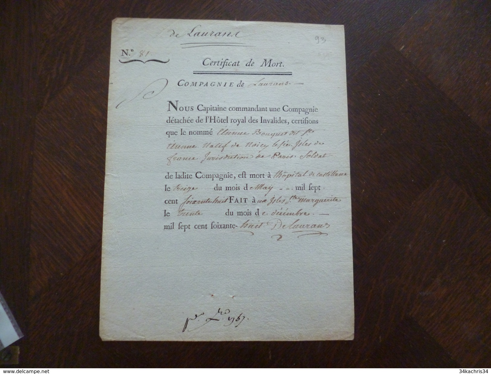 Militaria Certificat De Mort Castellane 30/12/1768 Cie De Laurans - Documentos