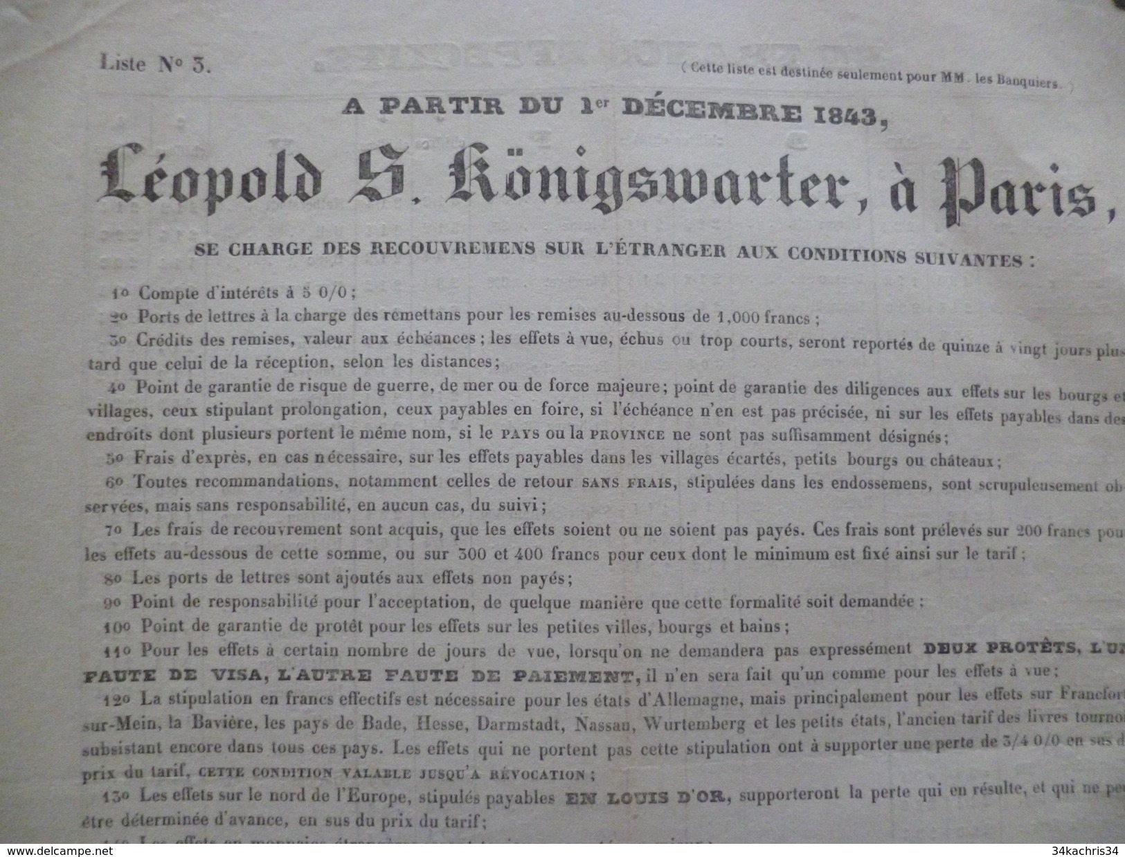 Tarifs De Recouvrements L.S.Königswaarter Paris 1843 Banques Assurances - Bank & Versicherung