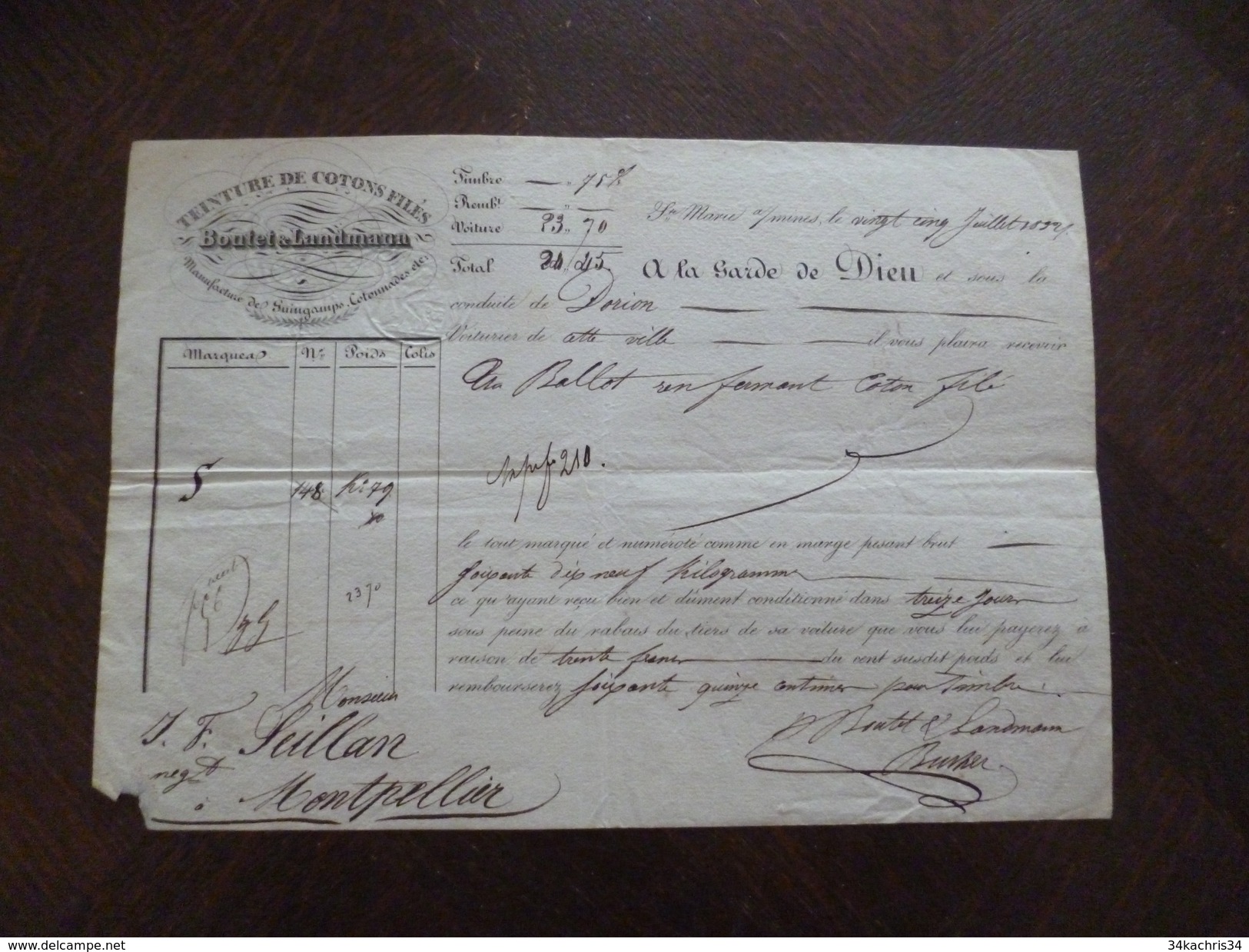 Roulage Boutet Et Landmann Teinture De Coton Filés Sainte Marne Aux Mines Vers Montpellier 25/07/1832 Ballot Coton - Transportmiddelen