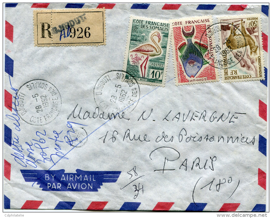 COTE FRANCAISE DES SOMALIS LETTRE RECOMMANDEE PAR AVION DEPART DJIBOUTI 28-5-1962 POUR LA FRANCE - Lettres & Documents