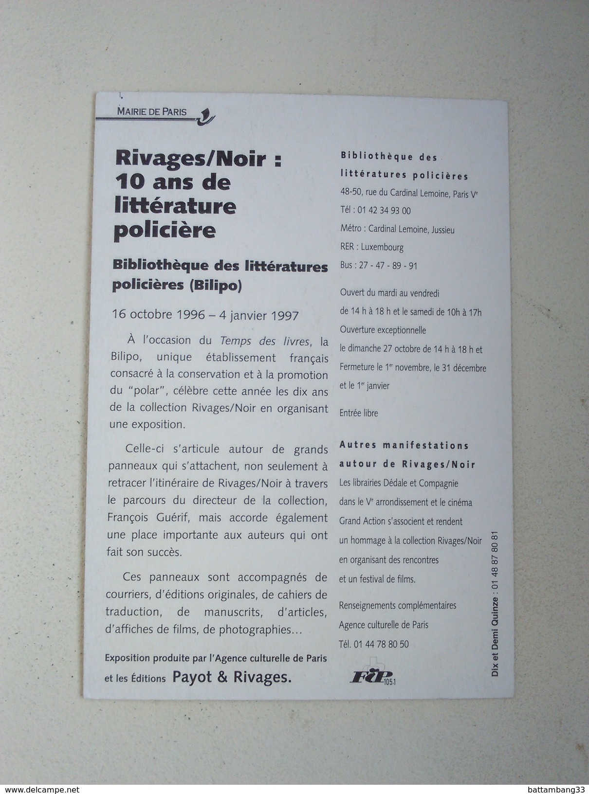 RIVAGES /NOIR 10 Ans De Littérature Policière PAYOT 1997 - Autres & Non Classés