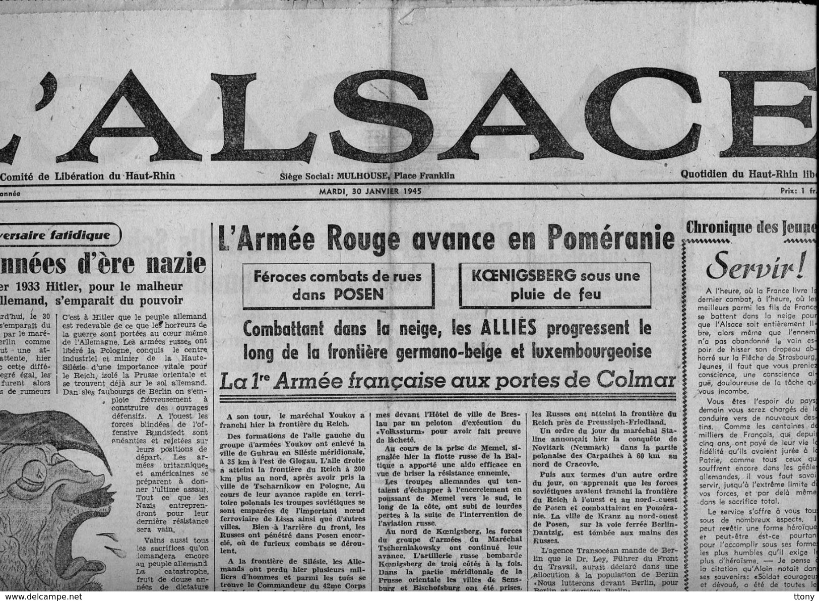 Journal   D'époque  Pas Une Réédition :  L 'Alsace  Haut-Rhin  30  Janvier  1945 - Documents