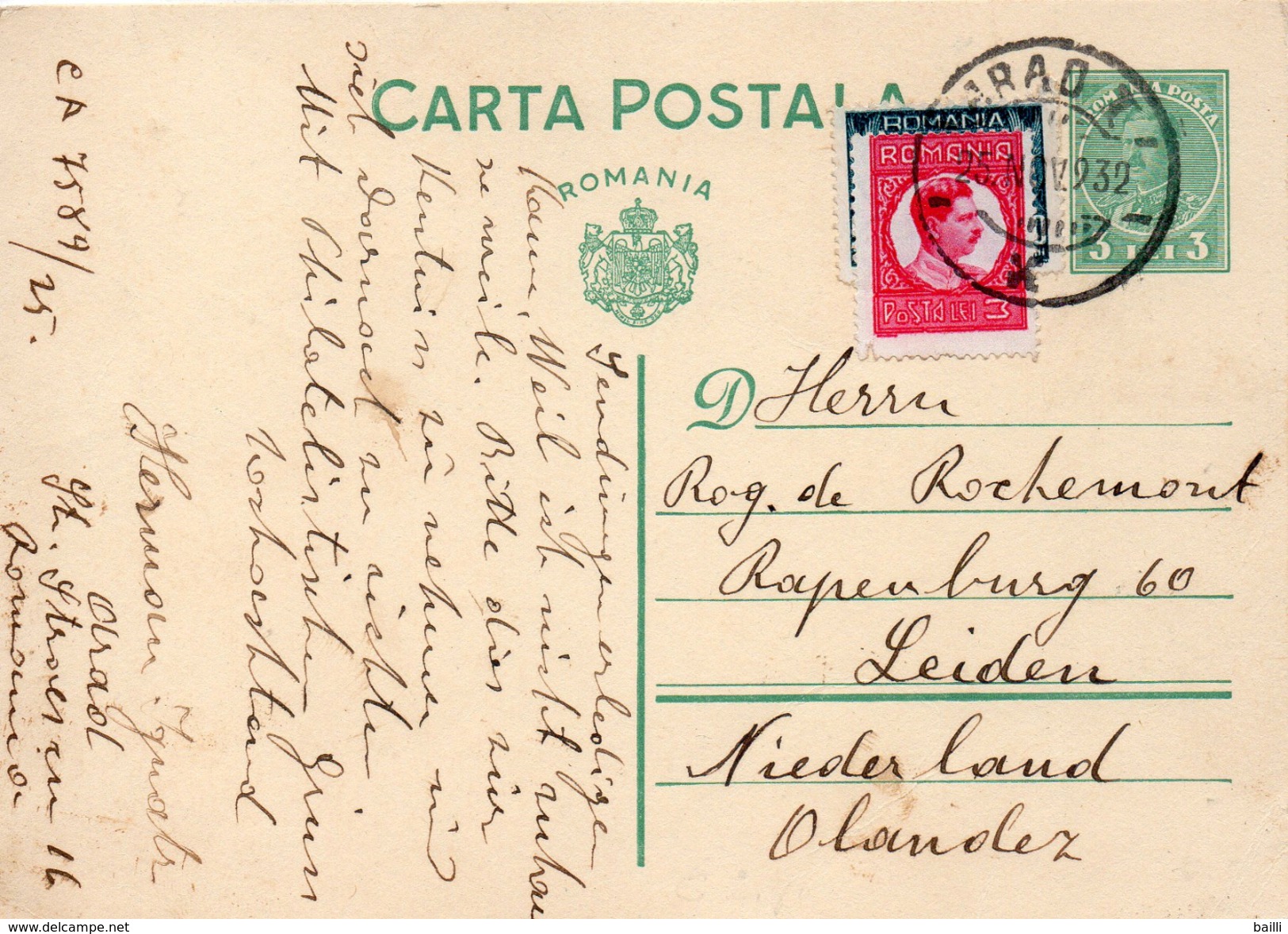 Roumanie Entier Postal Pour Les Pays Bas 1932 - Paquetes Postales