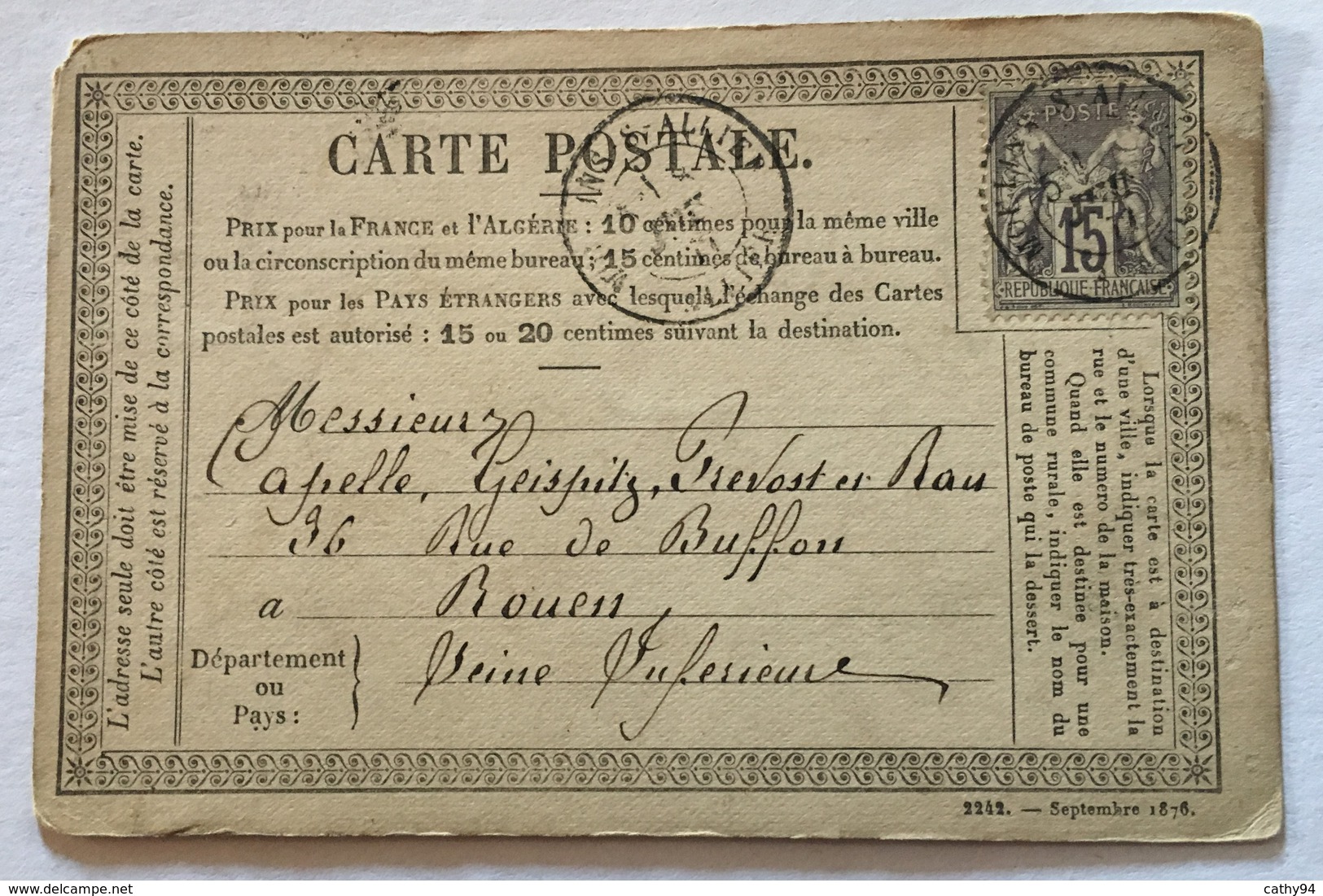 CARTE PRÉCURSEUR De MOULINS Pour ROUEN Affranchissement Type Sage 1877 - Vorläufer