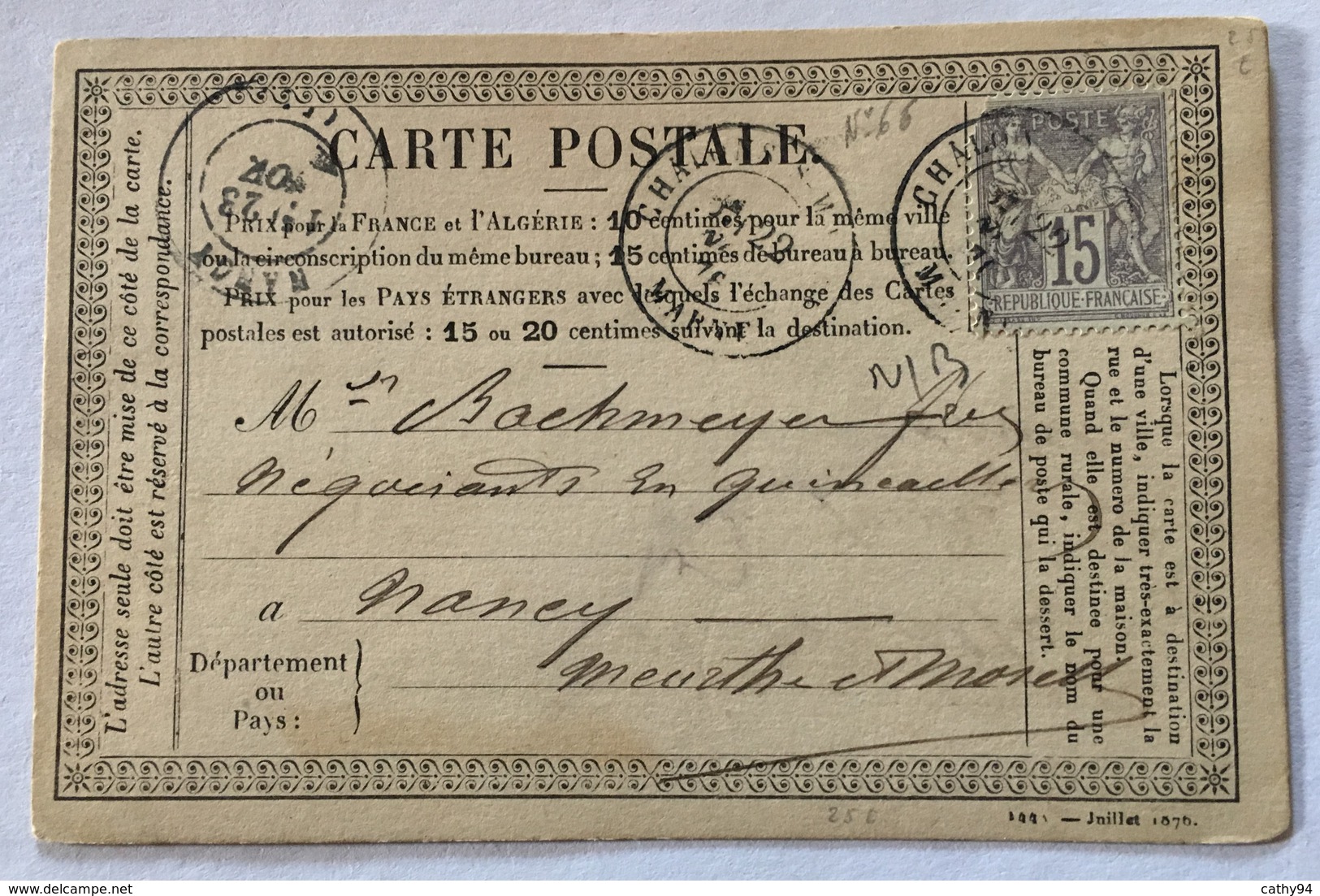 CARTE PRÉCURSEUR De CHALONS Pour NANCY Affranchissement Type Sage 1876 - Precursor Cards