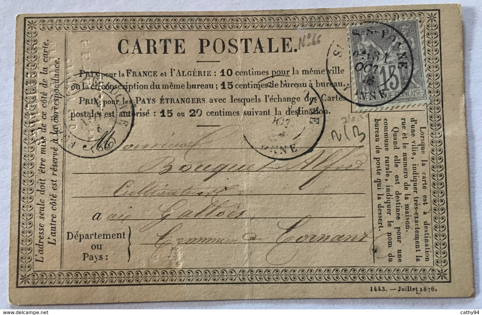 CARTE PRÉCURSEUR Avec EMPREINTE SÈCHE D.PELLETIER GREFFIER DE PAIX Affranchissement Type Sage 1876 - Precursor Cards