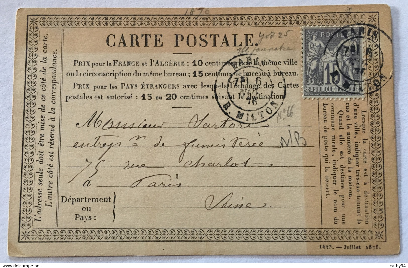 CARTE PRÉCURSEUR PARIS CACHET BUREAU DE QUARTIER RUE MILTON Affranchissement Type Sage 1876 - Precursor Cards